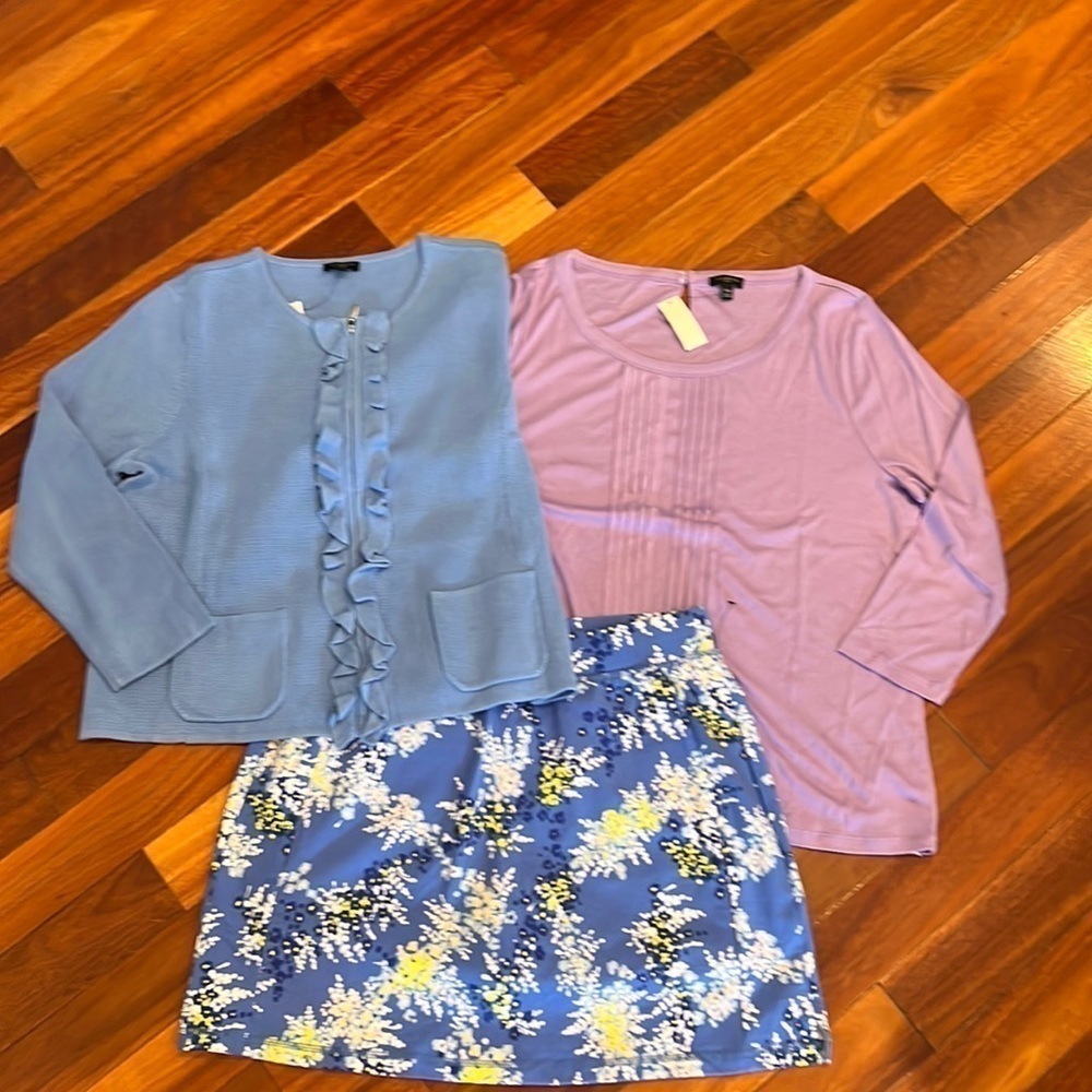 New 3 Piece Set Talbots Cardigan Sweater Shirt and Skort XLP
